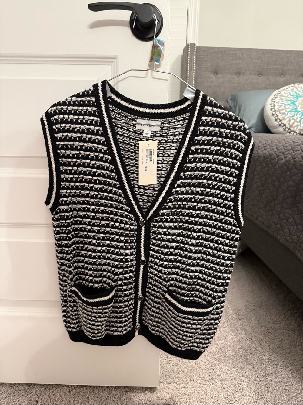 Evereve Black & White Striped Knit Button-Front Sweater Vest